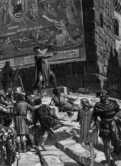 Cola di Rienzo (1314-1354), dans la campagne pour devenir tribun du peuple romain, explique au peuple de Rome les fresques qu