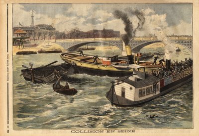 Collision sur la Seine entre un bateau à vapeur anglais et une péniche omnibus de Paris, à la hauteur du pont royal. Gravure dans « Le petit journal » 7/02/1897. Collection Selva - Unknown artist