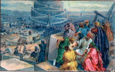 Construction de la tour de Babel. Chromolithographie de la fin du XIXe siècle. - Unknown artist