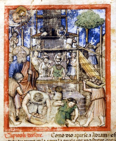 Construction de la tour de Babel. Miniature du codex 212 (ou padovano codice ou Bible de Padoue) 1390-1400 Rovigo, Accademia dei Concordi - Unknown artist
