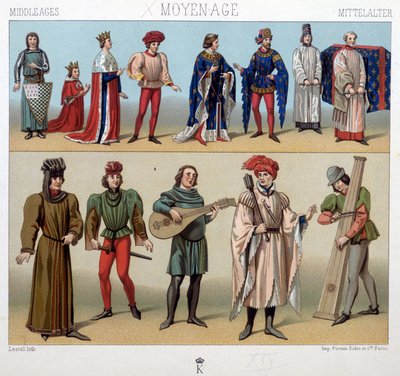 Costumes et musiciens au Moyen Âge du 13e au 15e siècle. Dans « Le costume historique » par A. Racinet - Unknown artist