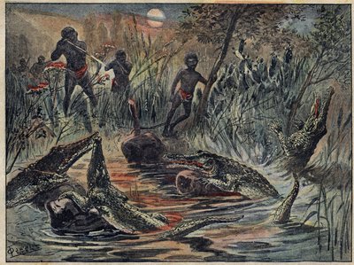 Chasse au crocodile au Niger avec un enfant comme appât. Illustration dans « Le Pèlerin » du 4 décembre. - Unknown artist
