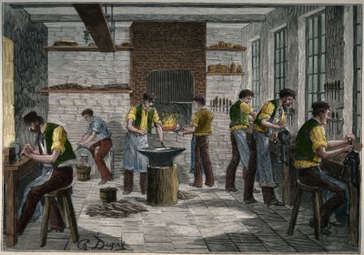 Atelier de coutellerie en France au XIXe siècle. Gravure de 1885 dans « Les arts et métiers illustrés » par Adolphe Bitard. - Unknown artist