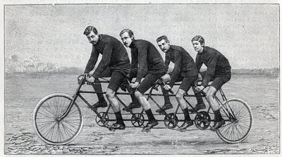Cycliste sur une bicyclette appelée « quadruplette gladiator ». Gravure dans « La Nature » - Unknown artist