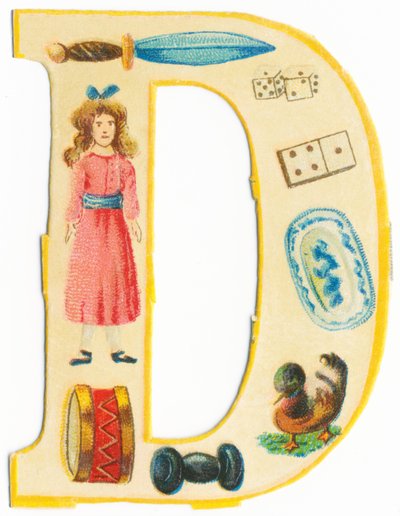 D : dague, poupée, dés, domino, tambour, plat, haltère, canard - Unknown artist