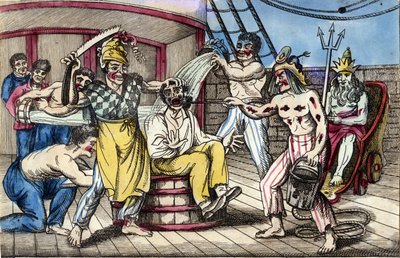 Vie quotidienne à bord des navires de guerre : scène de bizutage lors du passage de l