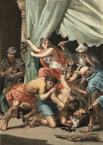 Dalila coupe les cheveux de Samson pour le rendre vulnérable et le livre aux Philistins - Unknown artist