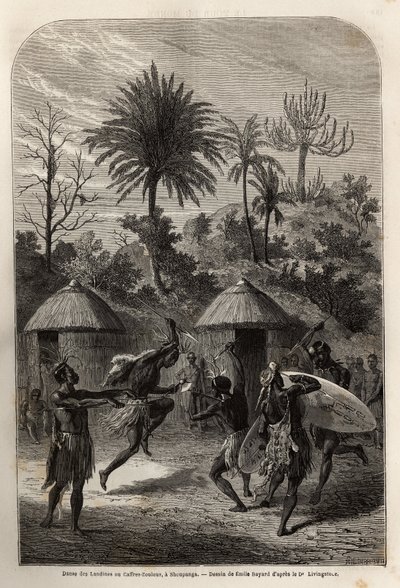 Danse des Landines ou Zoulous caffres à Shoupanga (rive droite du fleuve Zambèze). Gravure pour illustrer les premiers voyages du Dr Livingstone en Afrique australe de 1840 à 1856, dans "Le tour du monde, nouveau journal des voyages" publié sous la dire - Unknown artist