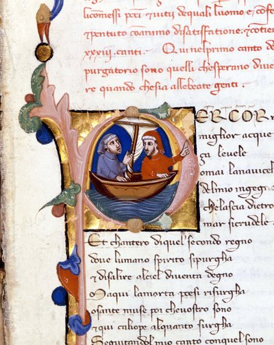 Dante Alighieri : Divina Commedia (Divine Comédie) incipit du Purgatoire. Dante et Virgile. manuscrit du 14e siècle. Milan bibl. Trivulziana - Unknown artist