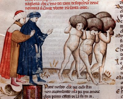 Dante et Virgile regardant le comte et Umberto Aldobrandeschi Oderisi da Gubbio (chant 11 du Purgatoire, dans la Divine Comédie) - miniature XVe siècle - Unknown artist