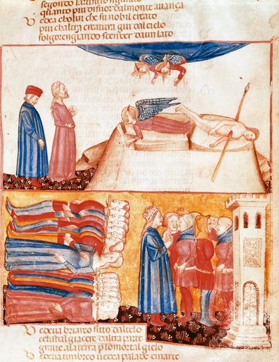 Dante et Virgile rencontrent les âmes des morts violentes. Page enluminée illustrant un chant de l