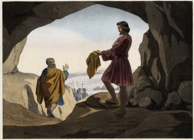 David montre à Saül le morceau de son manteau : David refuse de tuer le roi Saül, qui a été livré par Dieu dans la caverne, et ne coupe qu