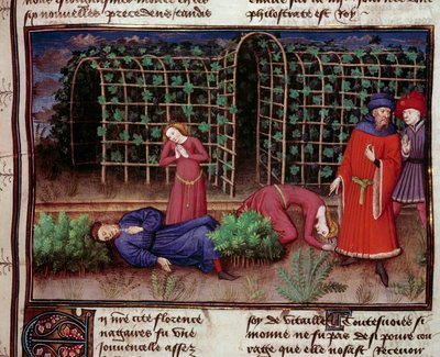 La Mort. Deux personnes tuées par la mort. Miniature du "Décaméron" par Jean Boccace 1450. Paris, Bibliothèque de l