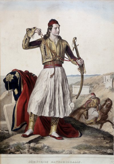 Démétrius Mavromichalis en costume de cavalier traditionnel - lithographie - Unknown artist