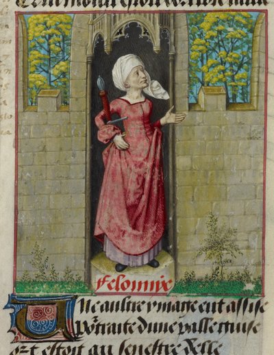 (détail) de la miniature de la figure allégorique de Feloniye (Crime), dans la première colonne du folio, de 