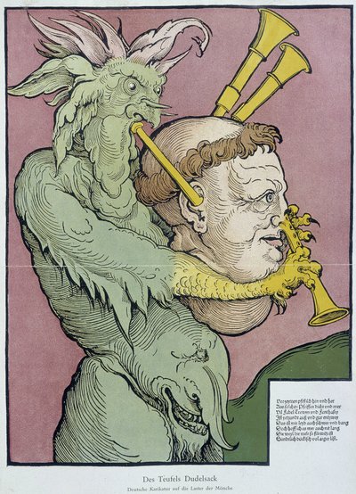 Diable jouant de la cornemuse avec une tête de moine - gravure - Unknown artist