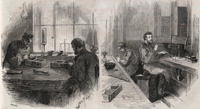 Taille de diamants dans un atelier aux Pays-Bas : fendeurs et polisseurs - Gravure dans « Le Monde Illustré ». - Unknown artist