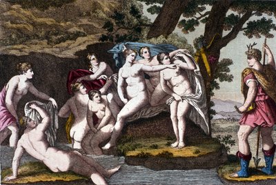 Diane surprise au bain par le chasseur Actéon. Gravure du « Dizionario mitologico » XIXe siècle - Unknown artist