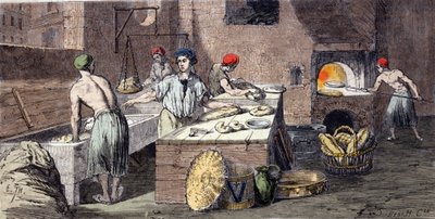 Différentes activités des boulangers : le pétrissage de la pâte à pain, la préparation des miches, la cuisson. Gravure du 19ème siècle - Unknown artist