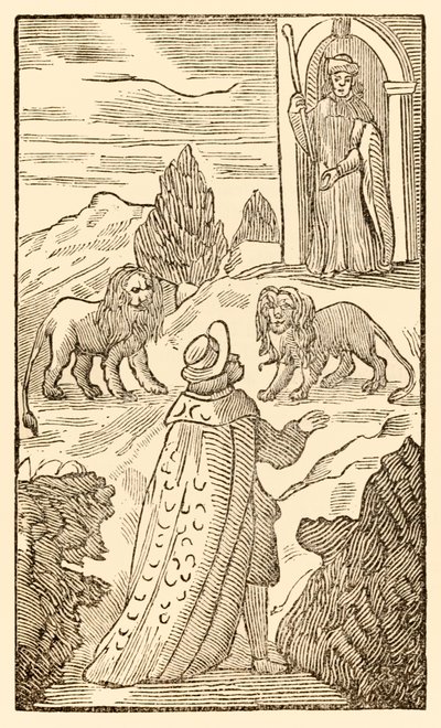 La difficulté est derrière, la peur est devant de The Pilgrims Progress From This World, To That Which Is To Come par John Bunyan (1628-1688) Le chrétien passe entre les lions tandis que le portier vigilant observe - Unknown