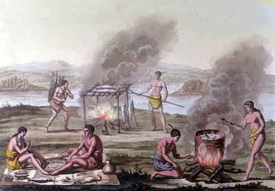 Scène de repas et de cuisine chez les Indiens de Floride. Gravure du 17e siècle. - Unknown artist