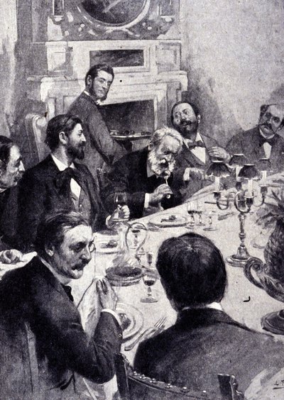 Dîner à la table de Victor Hugo avec Jean Mounet-Sully (1841 - 1916), acteur français. Gravure du 19ème siècle. - Unknown artist