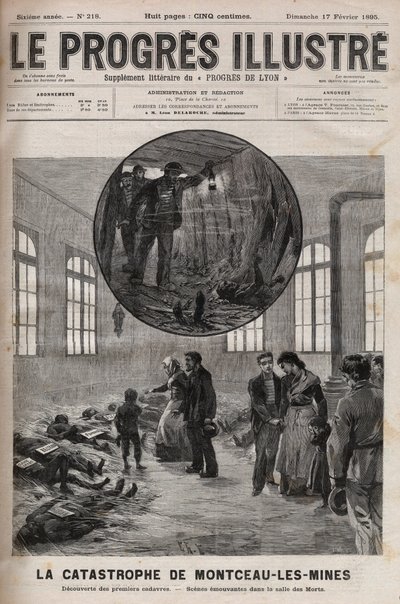 Désastre du puits Sainte Eugénie ou désastre de Montceau-les-Mines en Bourgogne en 1895 - gravure dans "Le Progrès illustré" de 1895 - Unknown artist
