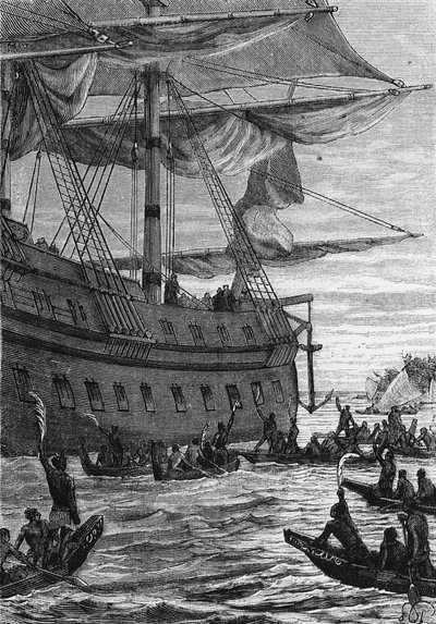 Découverte des Indes : voyage de Wallis dans le Pacifique ; Peuples autochtones allant à la rencontre des colons, dans « Les Voyageurs du 18ème et 19ème siècle », par Jules Verne, éd. Hetzel et Cie, Paris. - Unknown artist