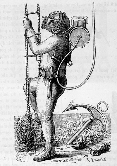 Plongeur vêtu de vêtements en caoutchouc et réservoir de régulateur - dans "Les merveilles de la science" par Louis Figuier - Unknown artist