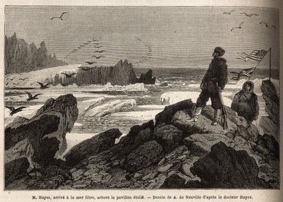 Le Dr Hayes, arrive à la mer libre du pôle Arctique, le but de son expédition, plante la bannière étoilée américaine. Gravure pour illustrer le voyage vers la mer libre du pôle Arctique, par le Docteur Hayes, chirurgien de la Marine des États-Unis, en 1860 - Unknown artist