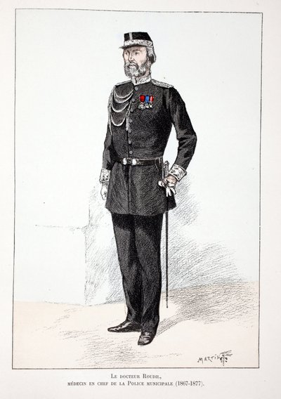 Dr Roudil, médecin-chef de la police municipale (1867-1877). Eau-forte en couleurs, pour illustration "Histoire du corps des gardiens de la paix" livre publié sous les auspices de Louis Lépine (1846-1933) préfet de police de la Seine, par Alfred Rey (1864- - Unknown artist