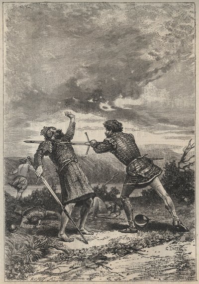 Duel et mort de Oak Torquil - illustration du 19ème siècle pour le roman historique « La Jolie Fille de Perth ou la Saint-Valentin » de Walter Scott (1771-1832) - Unknown artist