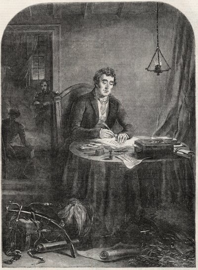 Le duc de Wellington (Arthur Wellesley (1769-1852)) écrivant une dépêche après Waterloo, 19 juin 1815 - gravure de 1852 - Unknown artist