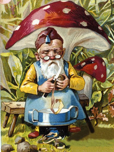Nain ou farfadet éplucheur de pommes de terre. Chromolithographie du XIXe siècle. - Unknown artist