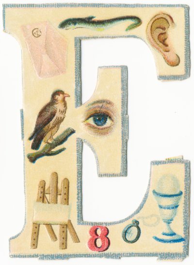 E: enveloppe, anguille, oreille, aigle, œil, chevalet, huit, monocle, œuf - Unknown artist