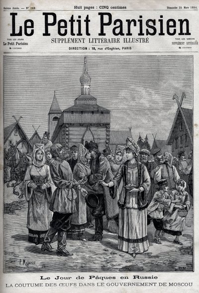 Jour de Pâques en Russie : la coutume des œufs dans le gouvernement de Moscou. Habitants offrant des œufs rouges pour célébrer la résurrection du Christ. Gravure dans "Le Parisien" - Unknown artist