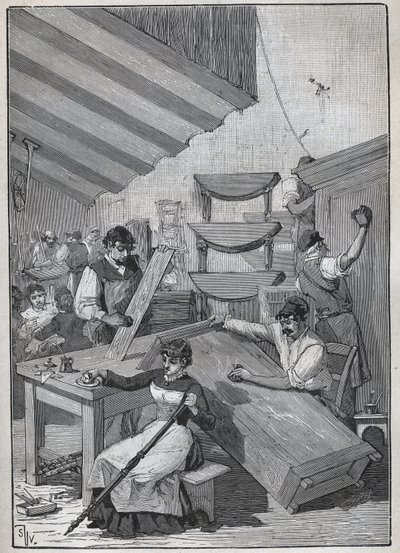 Ébénisterie : atelier de vernissage au tampon. Gravure de 1885 dans « Les arts et métiers illustrés » par Adolphe Bitard. - Unknown artist