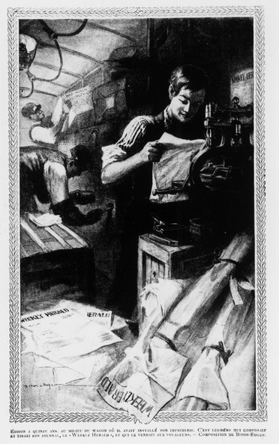 Edison, à 15 ans, au milieu du wagon où il installait son imprimerie. Il écrivait et imprimait son journal, le Weekly Herald, et le vendait aux voyageurs. - Unknown artist