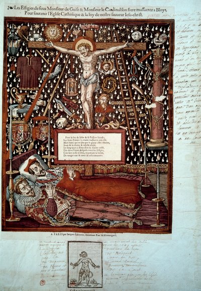 Effigies de Henri Ier de Lorraine, 3e duc de Guise (1550-1588) et de son frère Louis II de Guise, cardinal de Lorraine (1555-1588) assassinés à Blois les 23 et 24 décembre 1588 sur ordre de Henri III. Gravure du XVIe siècle - Unknown artist