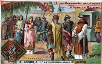 Ekkehard IV de Saint-Gall ou Eckhard, Eckhart (980-1057) érudit et poète latin. La duchesse Hadwig reçoit le frère Ekkehard dans la cour du château de Hohentwiel. Verso : « Frère Ekkehard, que la duchesse a chargé de son château » - Unknown artist