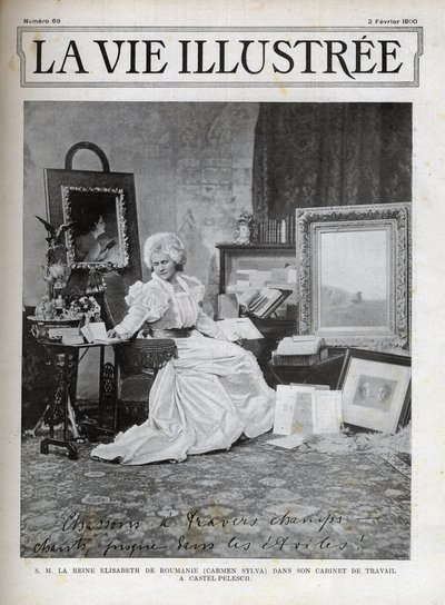 Élisabeth de Wied reine consort de Roumanie 1843-1916 - Élisabeth de Wied - Élisabeth Pauline Ottilie Louise de Wied (connue sous le nom de plume de Carmen Sylva), dans son bureau au Castel Pelesch - couverture de la vie illustrée de 1900 - Unknown artist