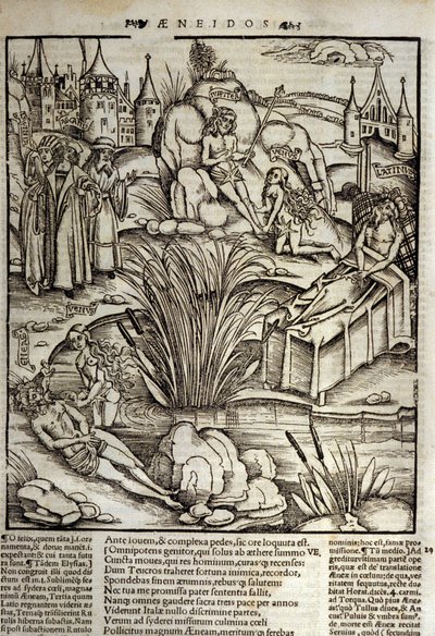 Énéide de Virgile (70 av. J.-C.-19 av. J.-C.), Livre XII, les héros troyens Énée est miraculeusement soigné par Vénus, il décide alors de prendre d