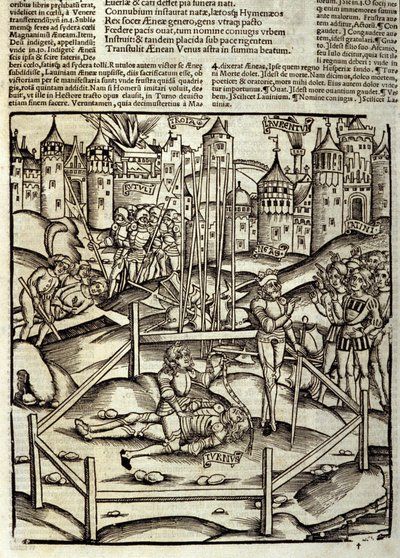 Énéide de Virgile (70 av. J.-C.-19 av. J.-C.), Livre XII, le héros troyen Énée tue Turnus dans une bataille sous les yeux des Latins et des Rutules. Xylographie de Sebastian Brant (1458-1521). Strasbourg - Unknown artist