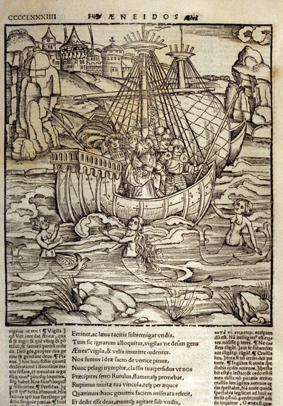 Énéide de Virgile (70 av. J.-C.-19 av. J.-C.), les héros troyens Énée et ses compagnons traversent une mer pleine de sirènes. Xylographie de Sebastian Brant (1458-1521). Strasbourg - Unknown artist