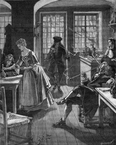 Angleterre, fin du 17ème siècle : hommes fumant dans un café. Gravure du 19ème siècle. Dans « Histoire de France » de Jules Michelet - Unknown artist
