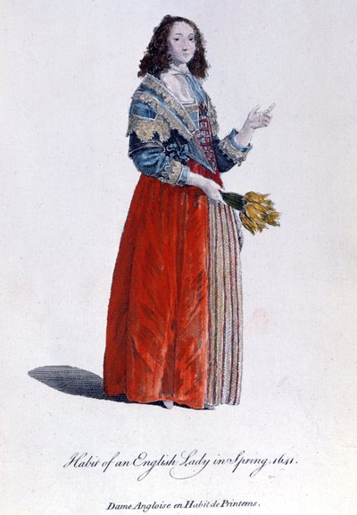 Femme anglaise en robe de printemps en 1641. Gravure du 19ème siècle. - Unknown artist