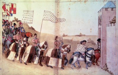 Entrée du cortège, portant le heaume et la bannière du duc de Bretagne, dans le cloître. Manuscrit « Traité de la forme et des devis comme on fait les tournois » (Folio 46V-47) par René d
