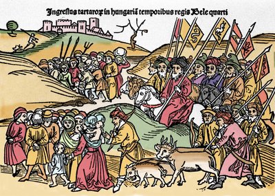 Entrée des Tartares en Hongrie sous le règne de Béla IV. Gravure de « Chronica Hungariae ». Biblioteca Marciana, Venise - Unknown artist