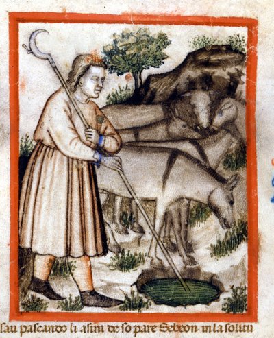 Esa fait paître des ânes - le Pentateuque. Miniature du codex 212 (ou codice padovano ou Bible de Padoue) 1390-1400 Rovigo, Accademia dei Concordi - Unknown artist
