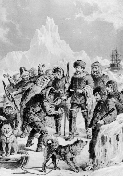 Esquimaux découvrant un miroir apporté par des expéditeurs - Expédition arctique des rivages britanniques et étrangers des débuts aux expéditions de 1875. - Unknown artist